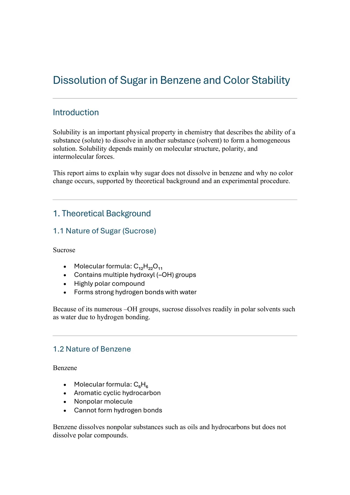 غلاف تقرير Dissolution of Sugar in Benzene and Color Stability