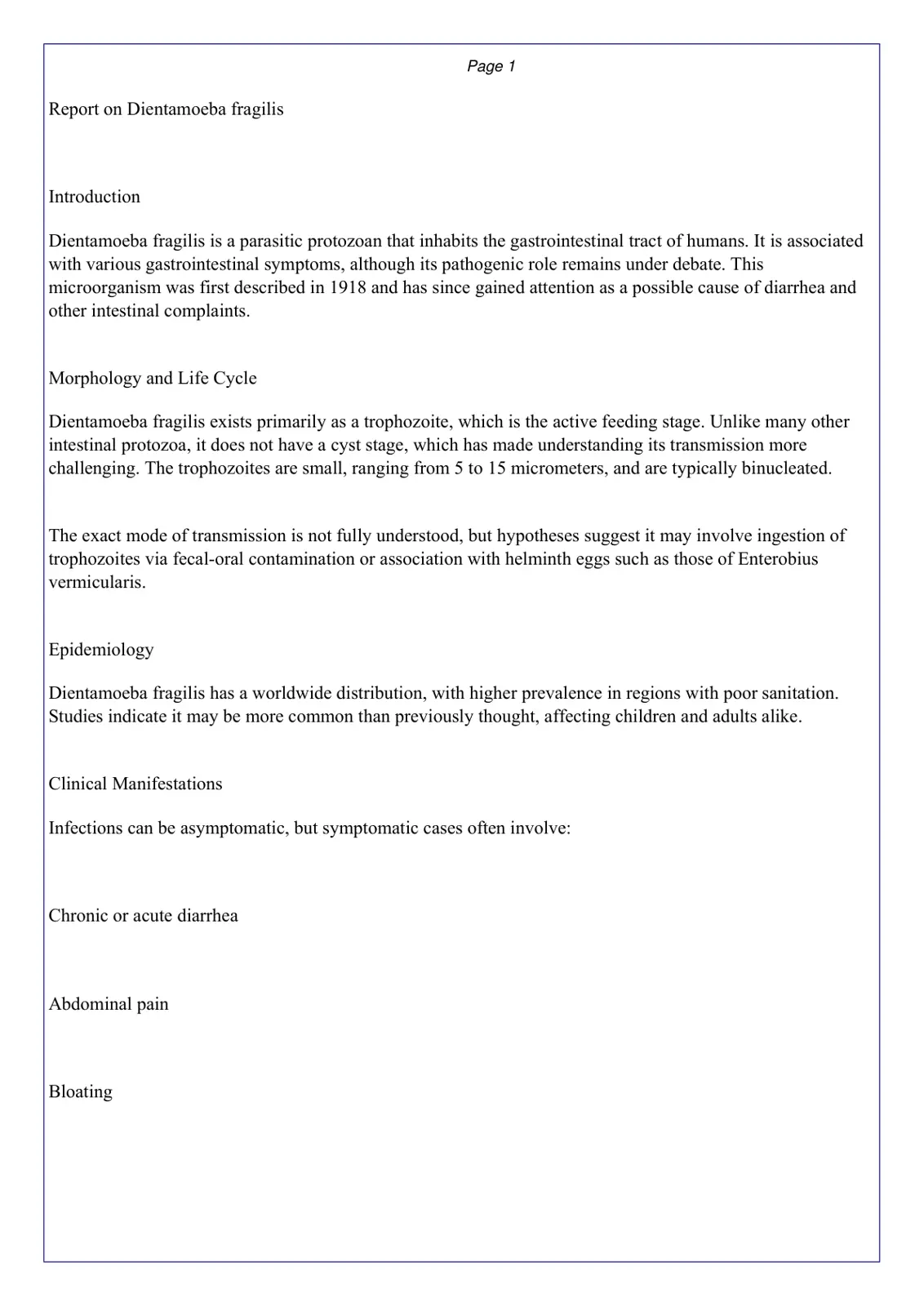 غلاف تقرير Report on Dientamoeba fragilis