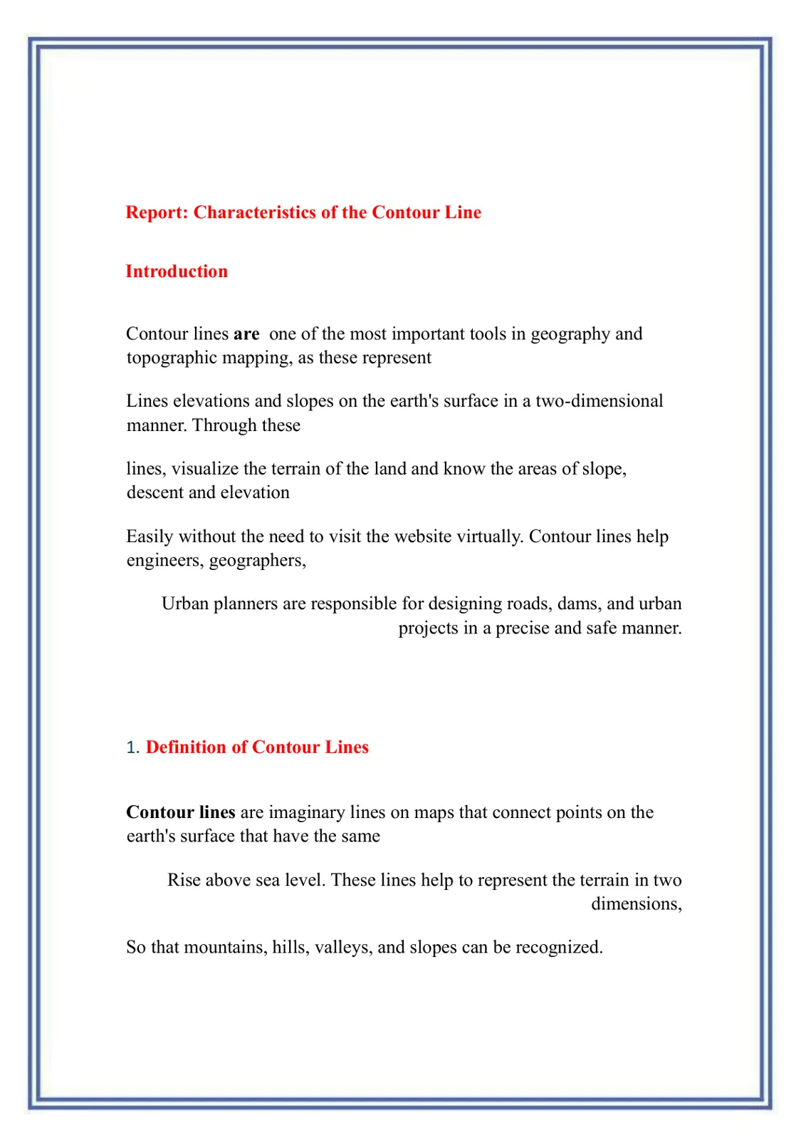 غلاف تقرير Characteristics of the Contour Line