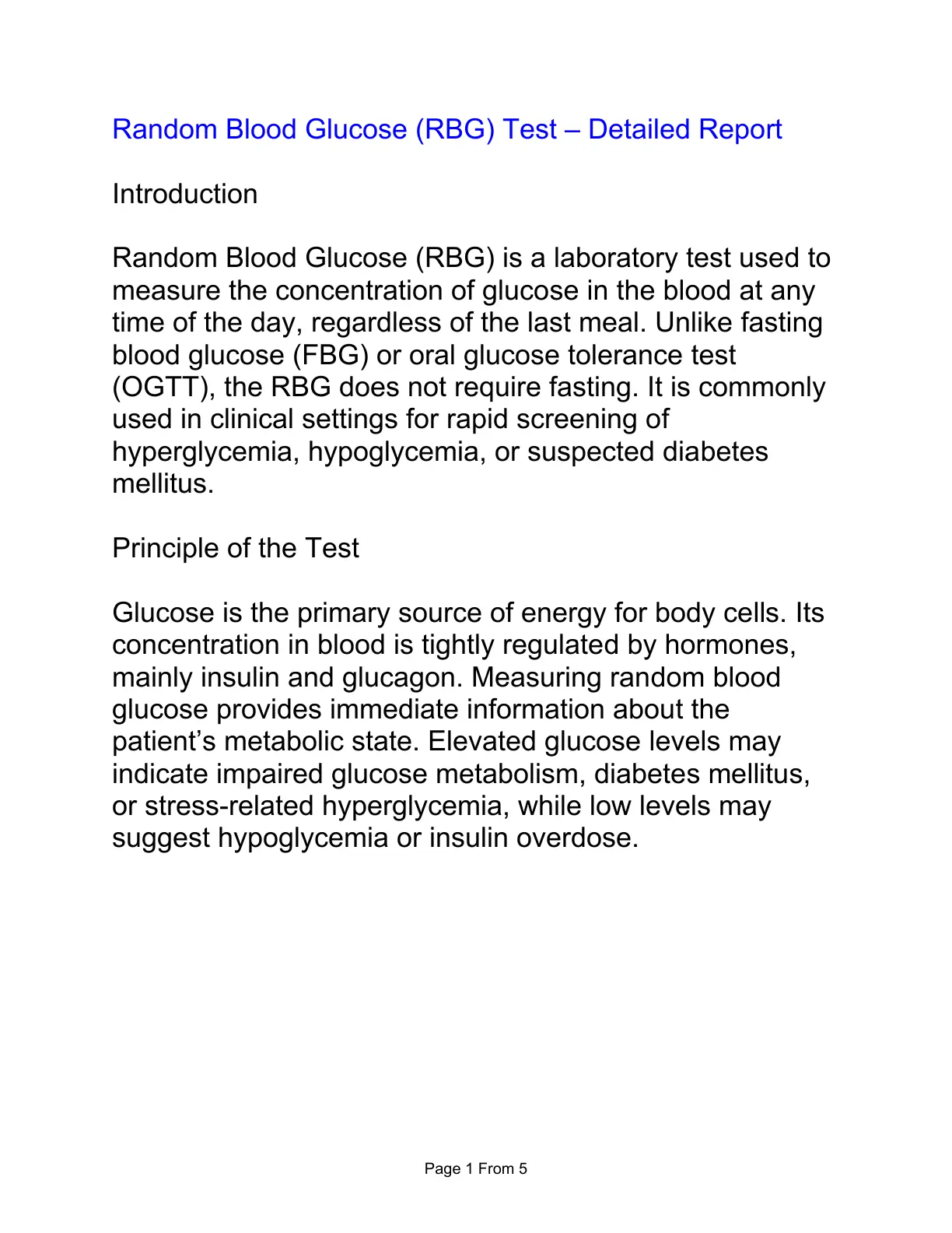 غلاف تقرير Random Blood Glucose (RBG) Test - Detailed Report