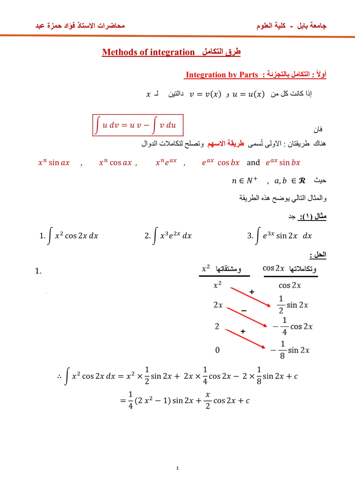 غلاف تقرير محاضرات الاستاذ فؤاد حمزة عبد - طرق التكامل Methods of integration