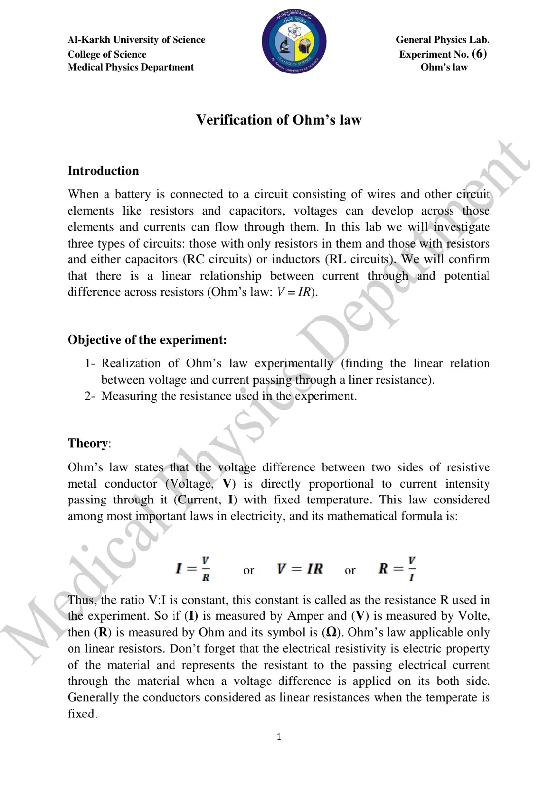 غلاف تقرير Verification of Ohm's Law - General Physics Lab