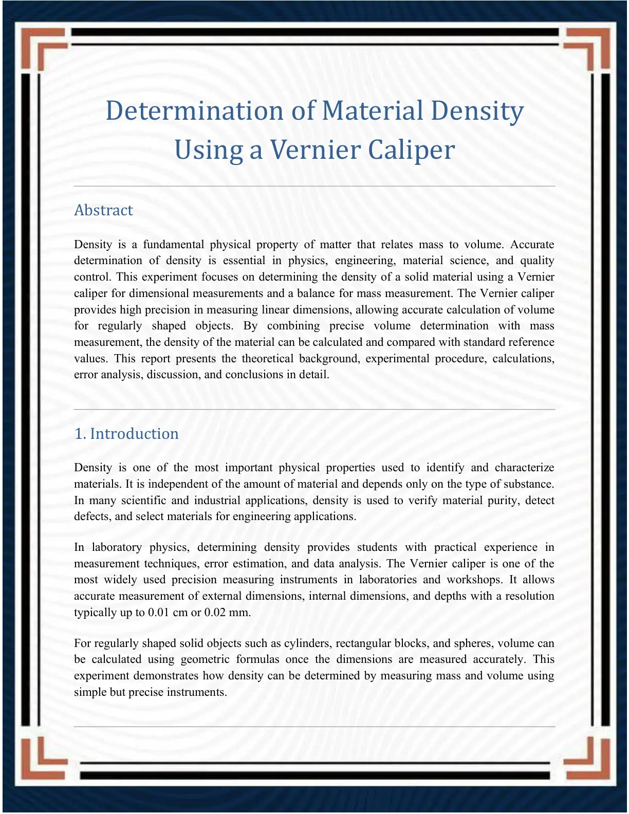 غلاف تقرير Determination of Material Density Using a Vernier Caliper
