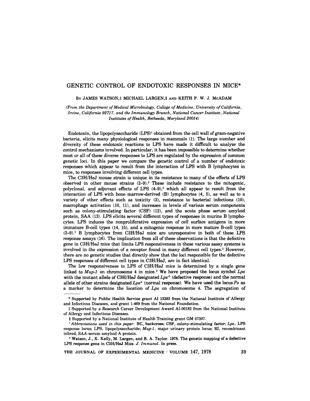 غلاف تقرير GENETIC CONTROL OF ENDOTOXIC RESPONSES IN MICE
