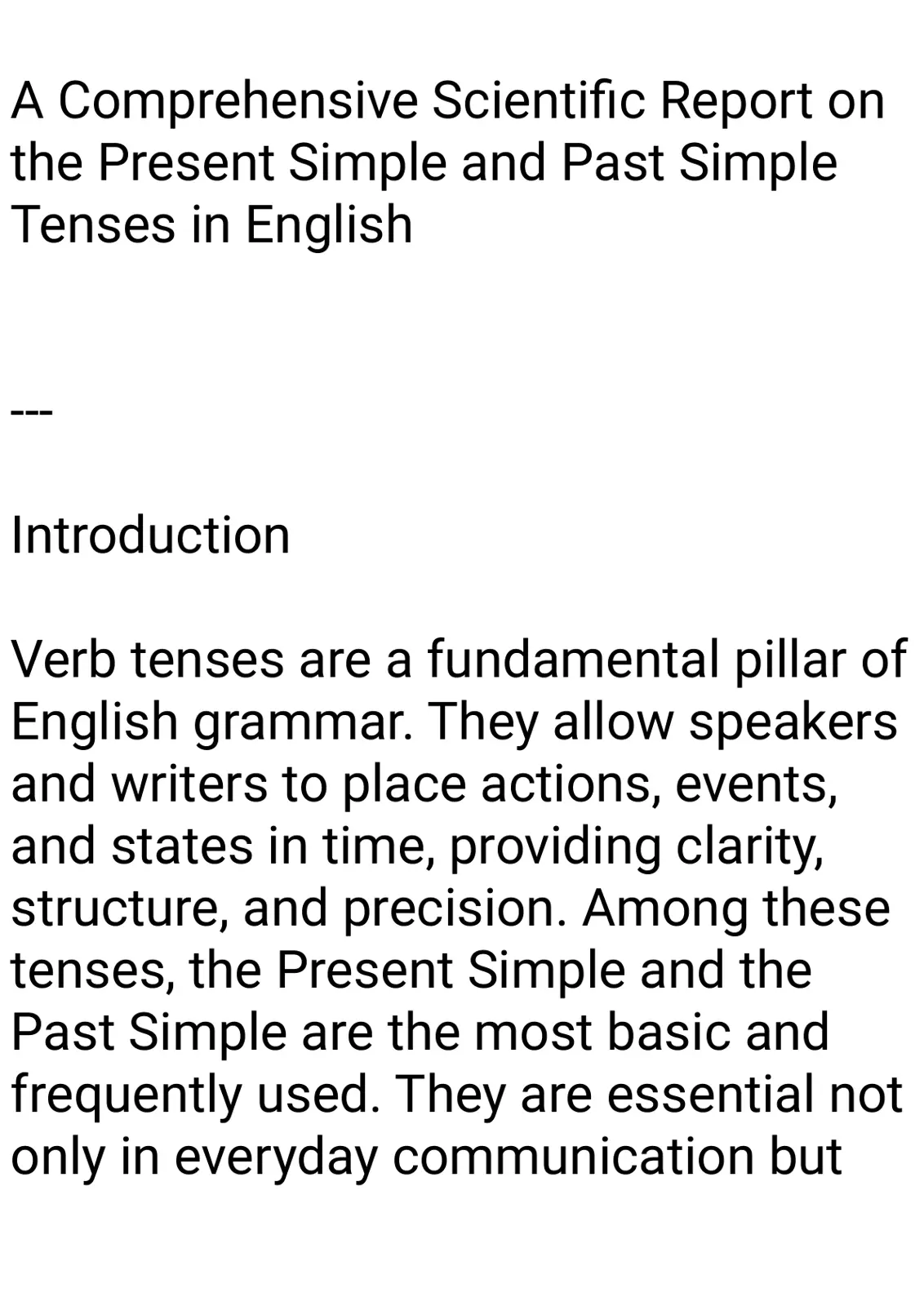 غلاف تقرير A Comprehensive Scientific Report on the Present Simple and Past Simple Tenses in English