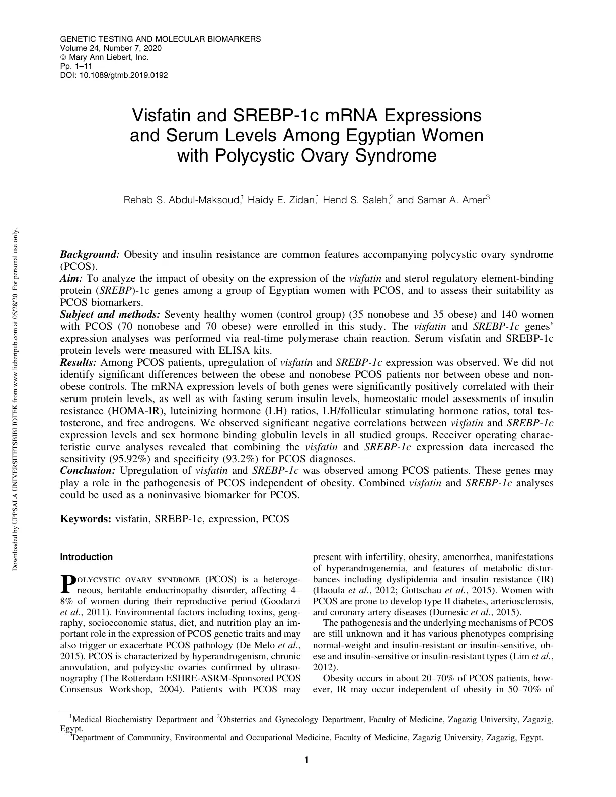 غلاف تقرير Visfatin and SREBP-1c mRNA Expressions and Serum Levels Among Egyptian Women with Polycystic Ovary Syndrome