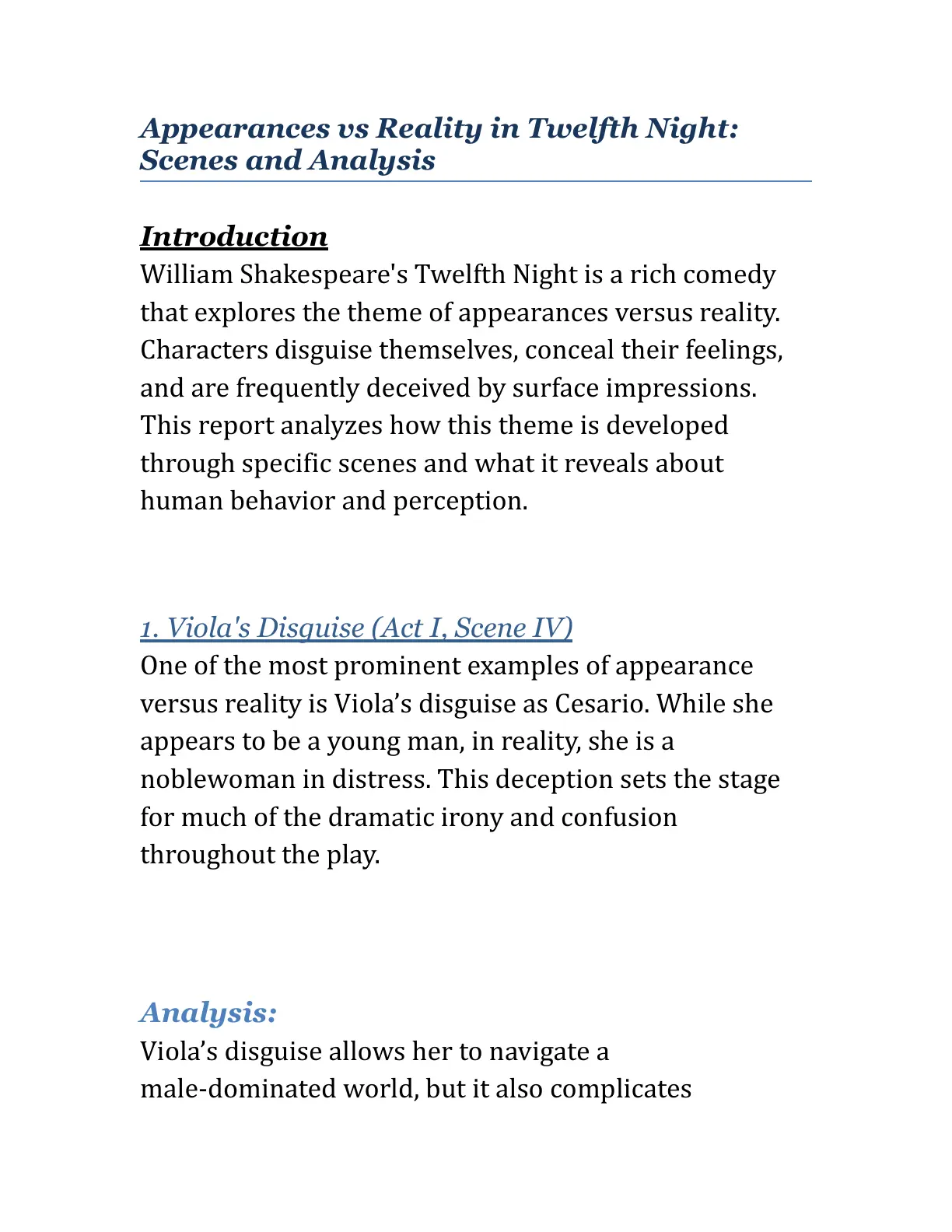 غلاف تقرير Appearances vs Reality in Twelfth Night: Scenes and Analysis