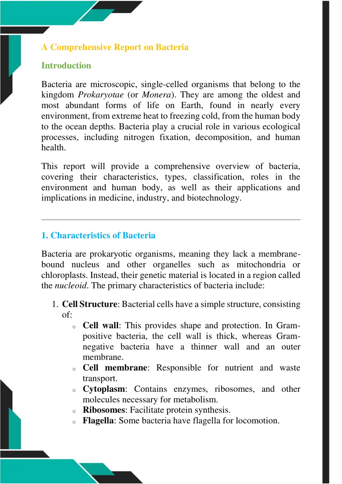 غلاف تقرير A Comprehensive Report on Bacteria