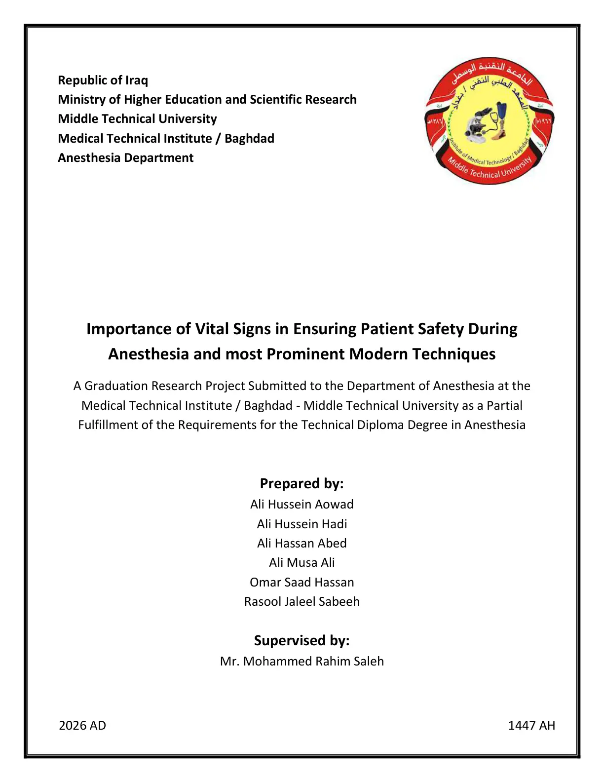 غلاف تقرير Importance of Vital Signs in Ensuring Patient Safety During Anesthesia and most Prominent Modern Techniques