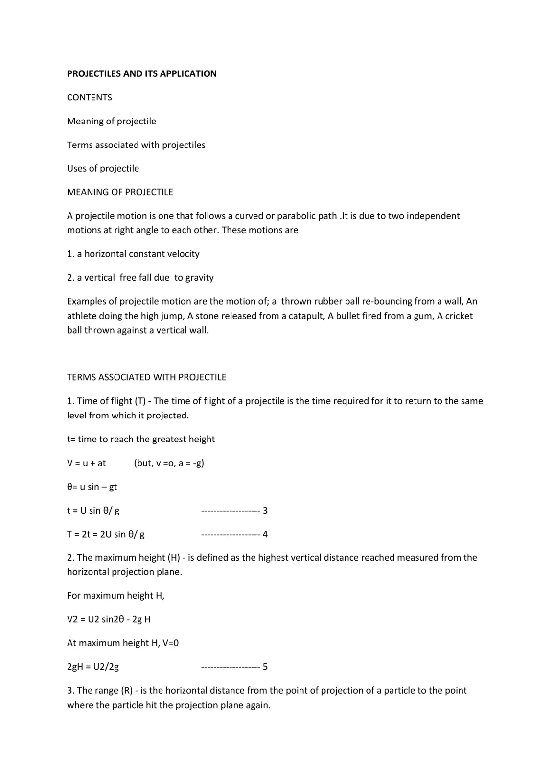 غلاف تقرير PROJECTILES AND ITS APPLICATION