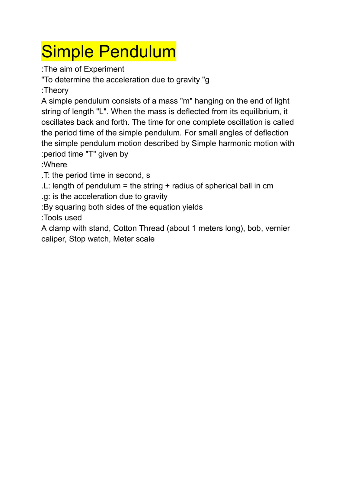 غلاف تقرير Simple Pendulum