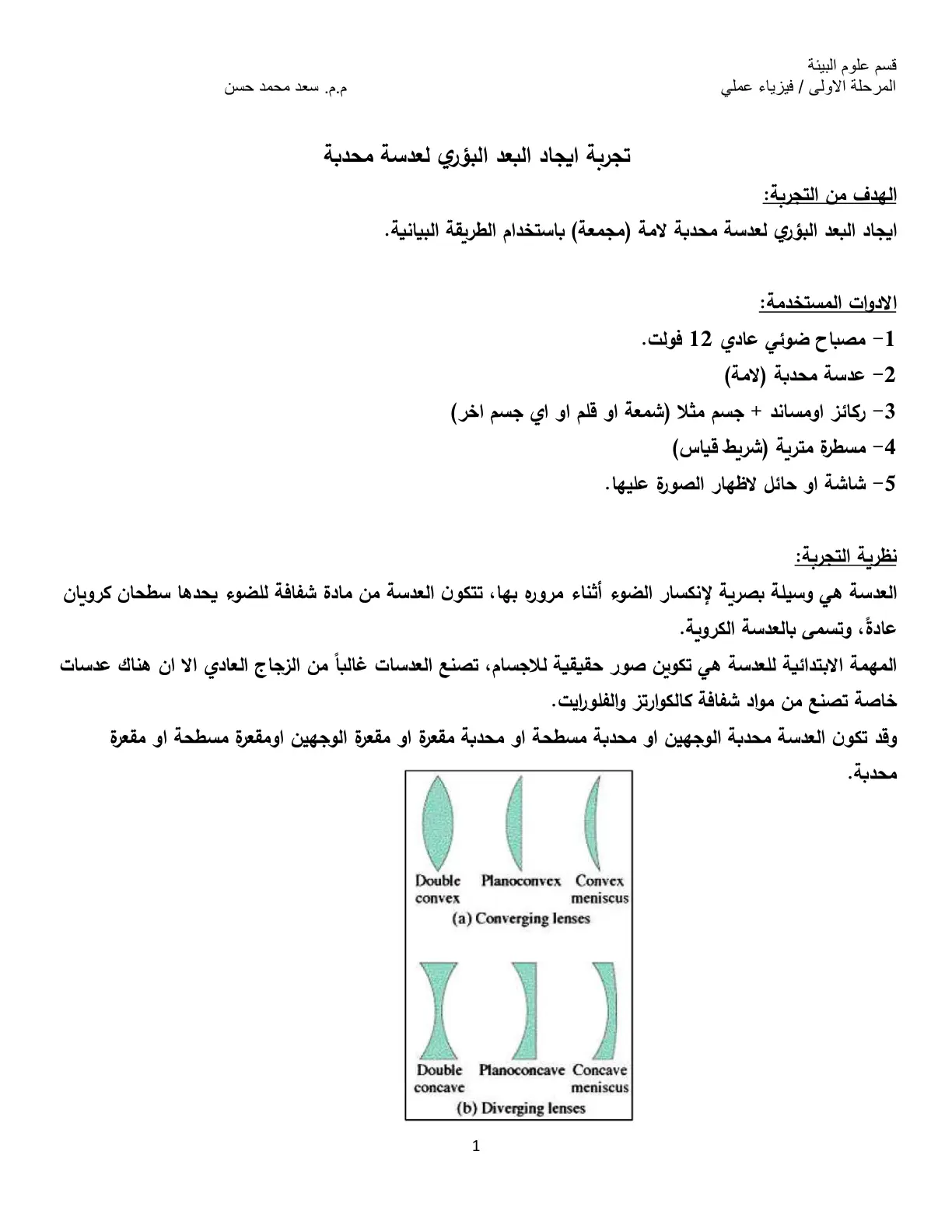 غلاف تقرير تجربة إيجاد البعد البؤري لعدسة محدبة – فيزياء عملي / المرحلة الأولى