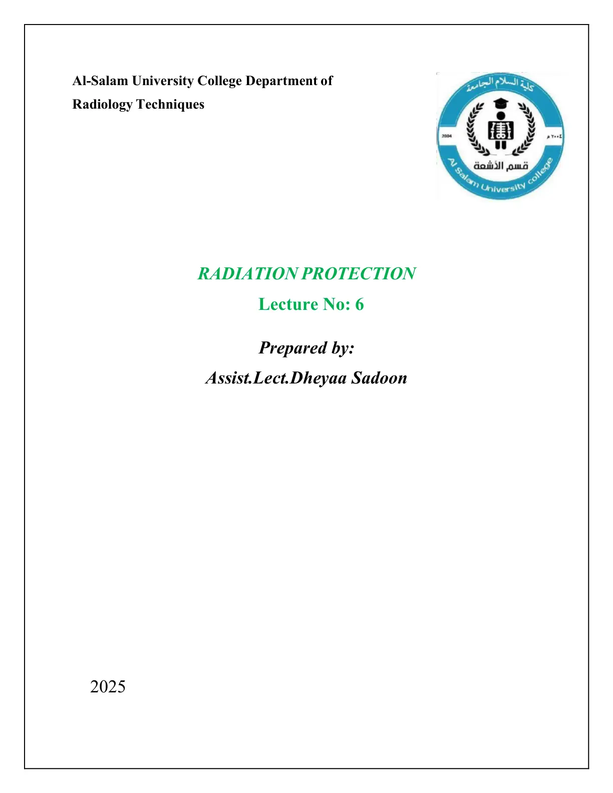 غلاف تقرير RADIATION PROTECTION - Lecture No: 6