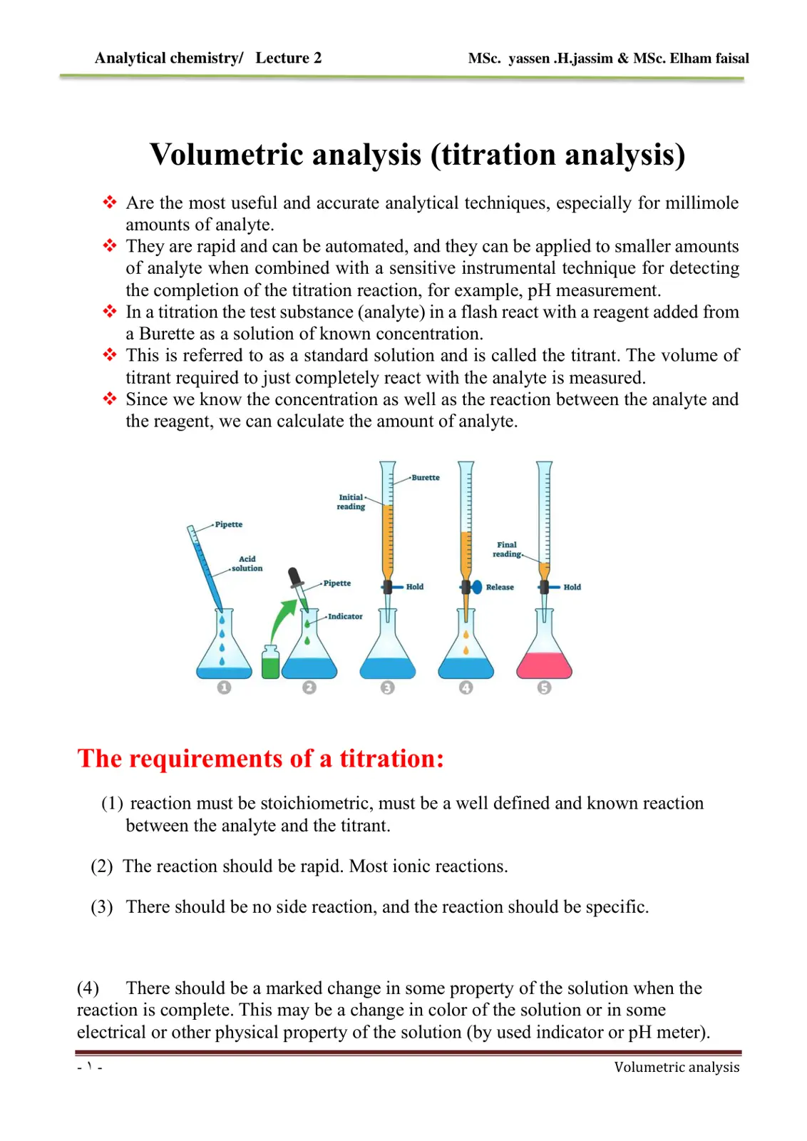 غلاف تقرير Analytical Chemistry / Lecture 2: Volumetric Analysis
