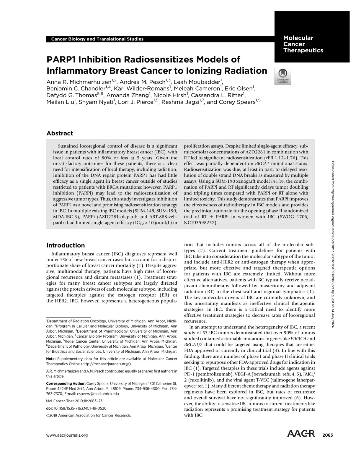 غلاف تقرير PARP1 Inhibition Radiosensitizes Models of Inflammatory Breast Cancer to Ionizing Radiation