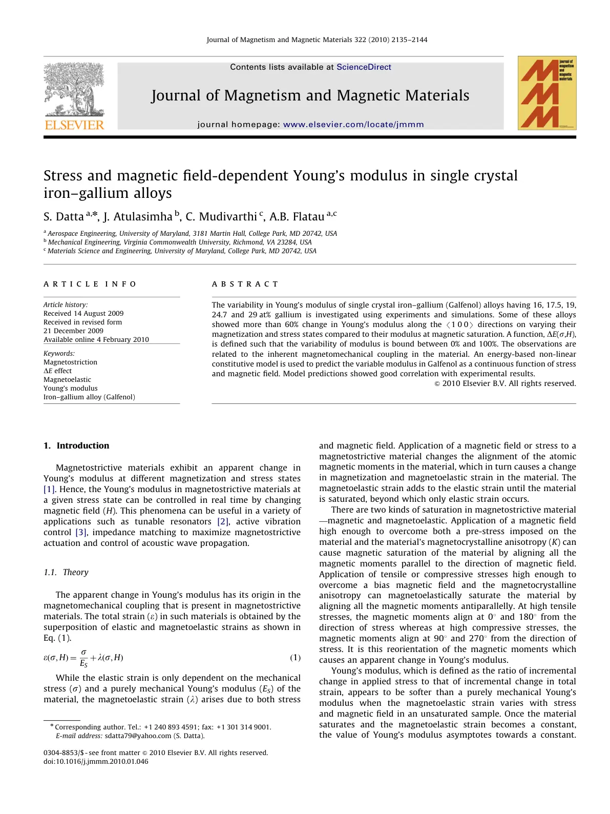 غلاف تقرير Stress and magnetic field-dependent Young's modulus in single crystal iron-gallium alloys