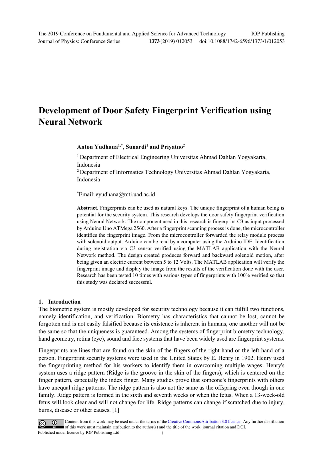 غلاف تقرير Development of Door Safety Fingerprint Verification using Neural Network