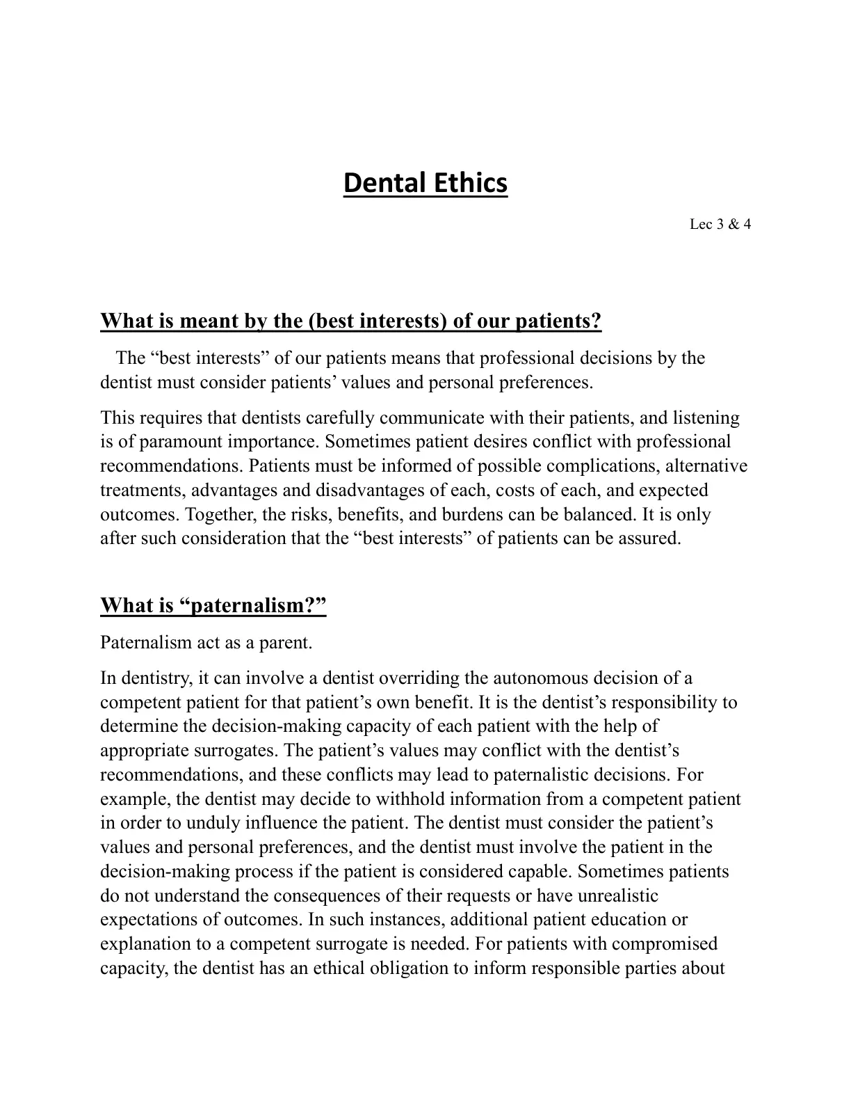 غلاف تقرير Dental Ethics Lec 3 & 4