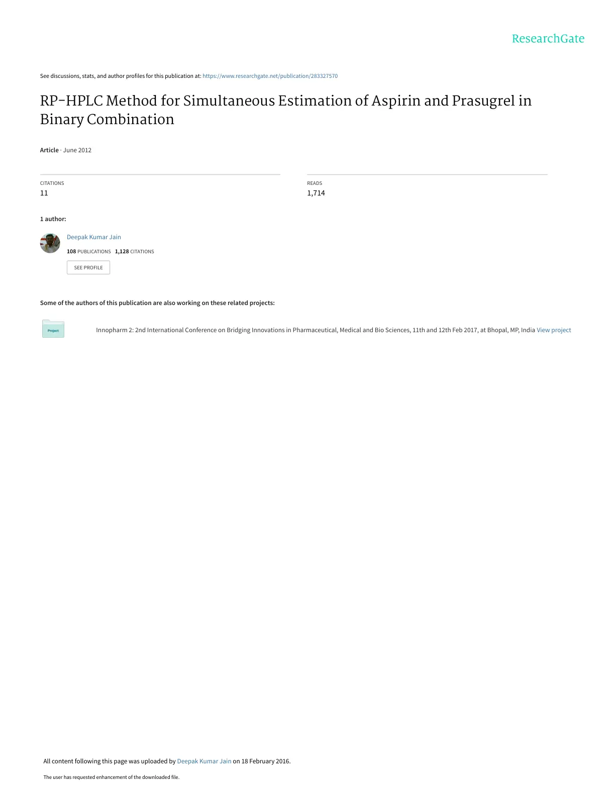 غلاف تقرير RP-HPLC Method for Simultaneous Estimation of Aspirin and Prasugrel in Binary Combination