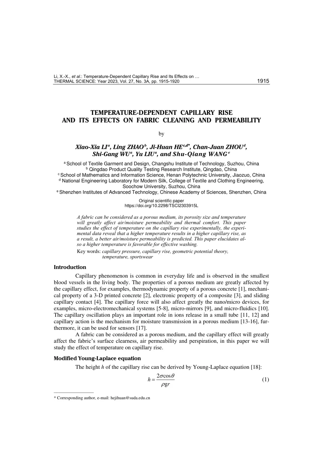 غلاف تقرير Temperature-Dependent Capillary Rise and Its Effects on Fabric Cleaning and Permeability