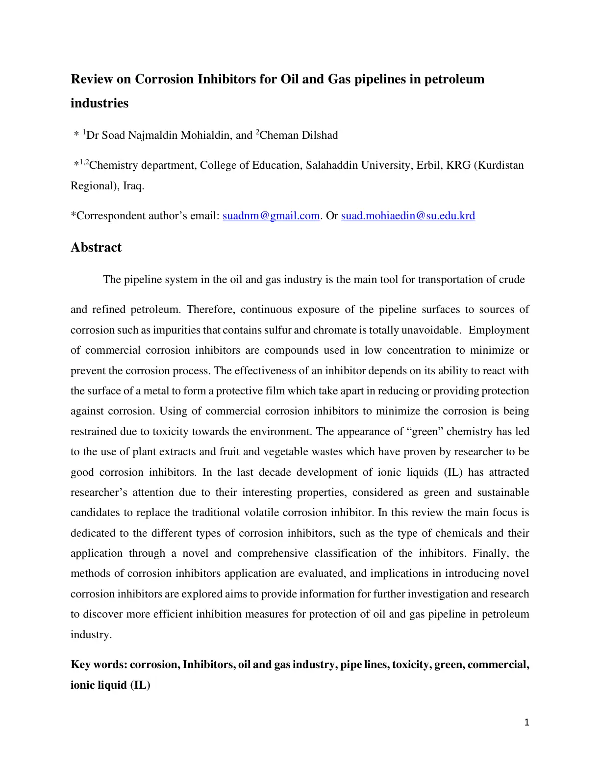 غلاف تقرير Review on Corrosion Inhibitors for Oil and Gas Pipelines in Petroleum Industries