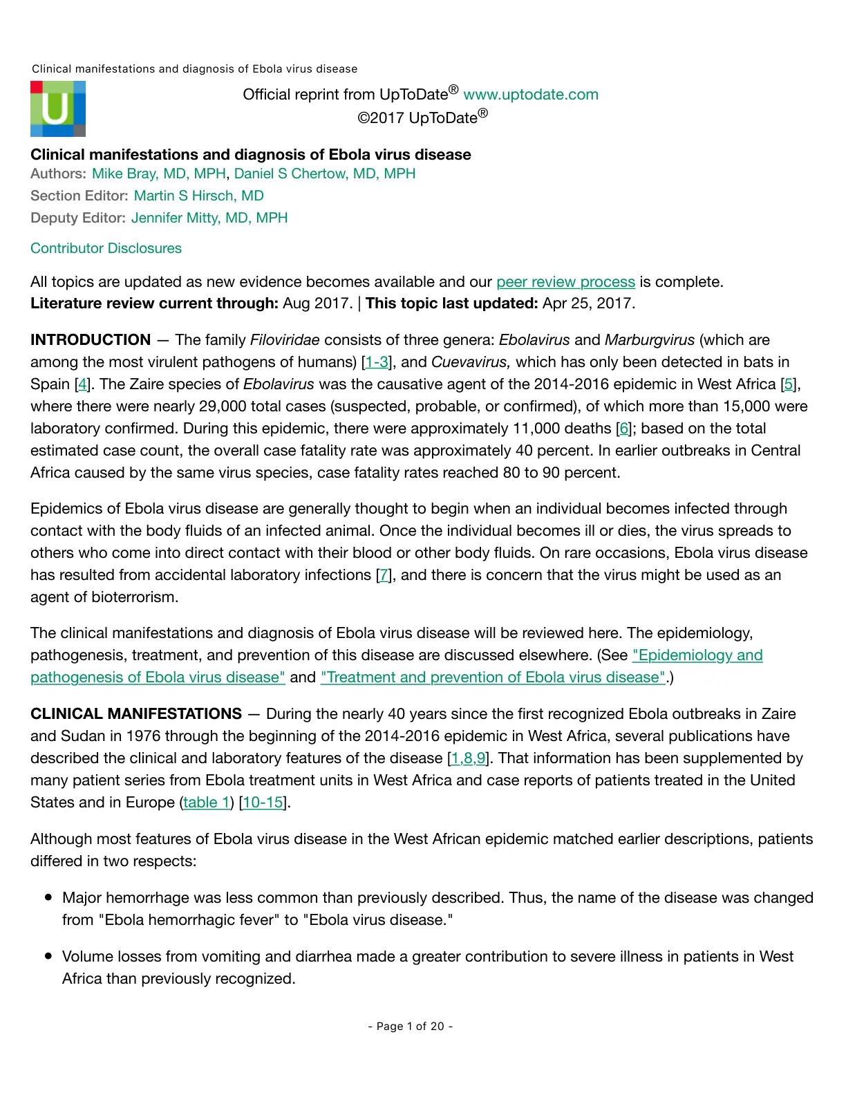 غلاف تقرير Clinical manifestations and diagnosis of Ebola virus disease