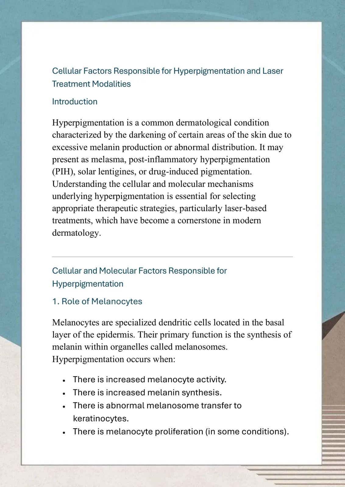 غلاف تقرير Cellular Factors Responsible for Hyperpigmentation and Laser Treatment Modalities