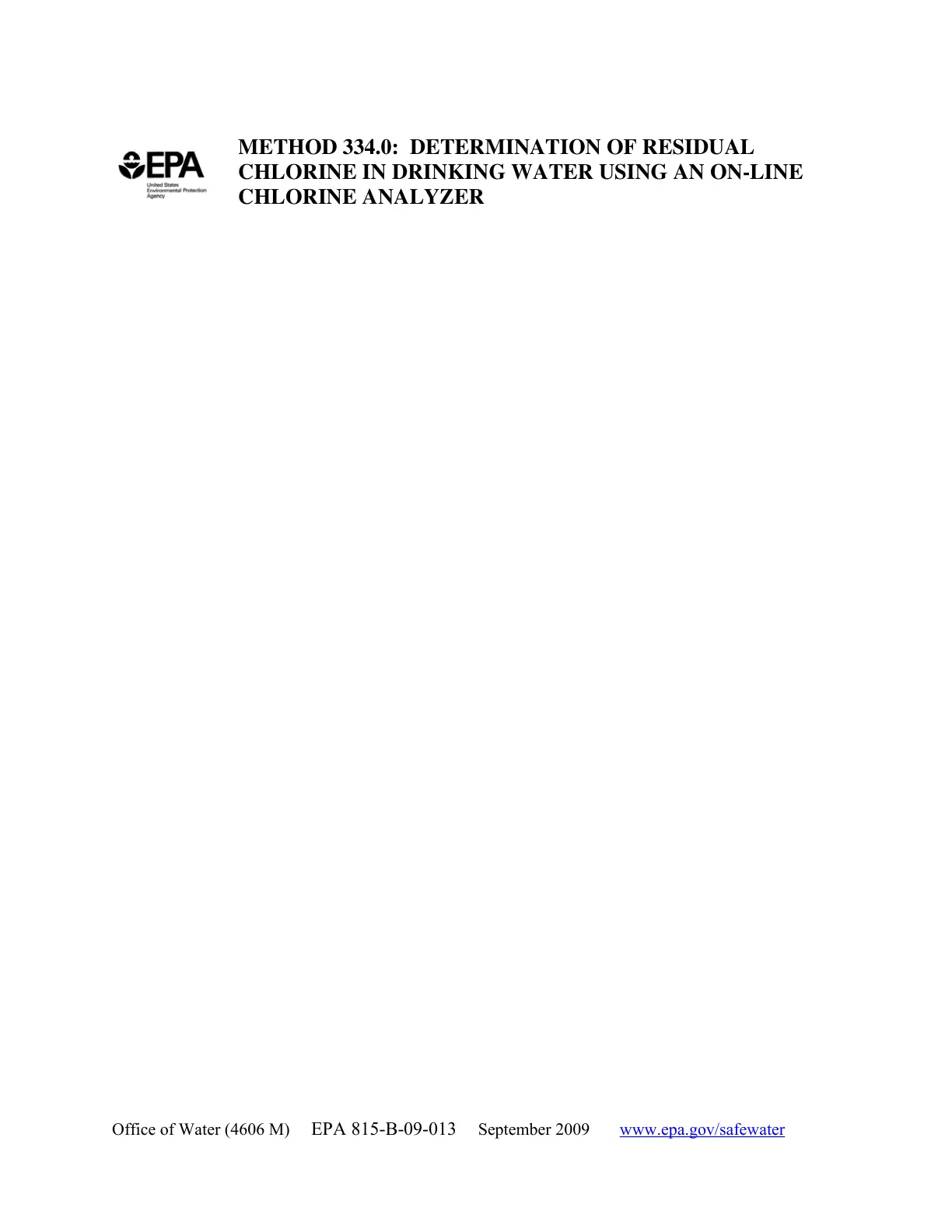 غلاف تقرير METHOD 334.0: DETERMINATION OF RESIDUAL CHLORINE IN DRINKING WATER USING AN ON-LINE CHLORINE ANALYZER