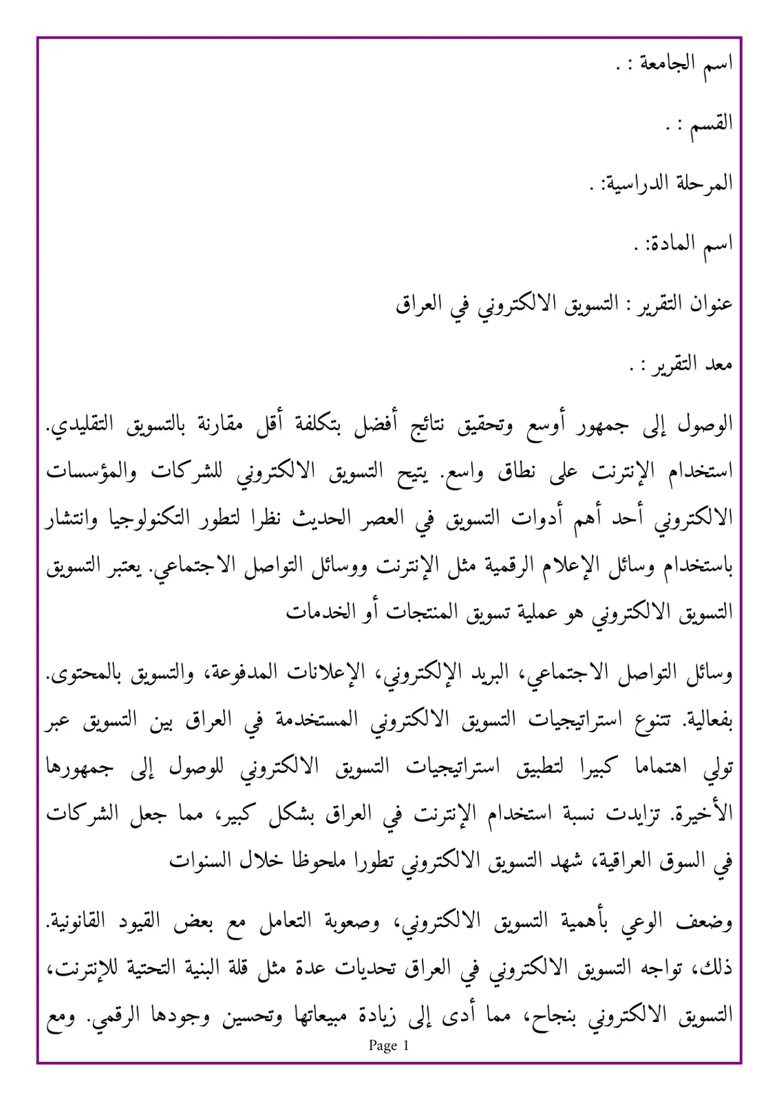 غلاف تقرير التسويق الالكتروني في العراق