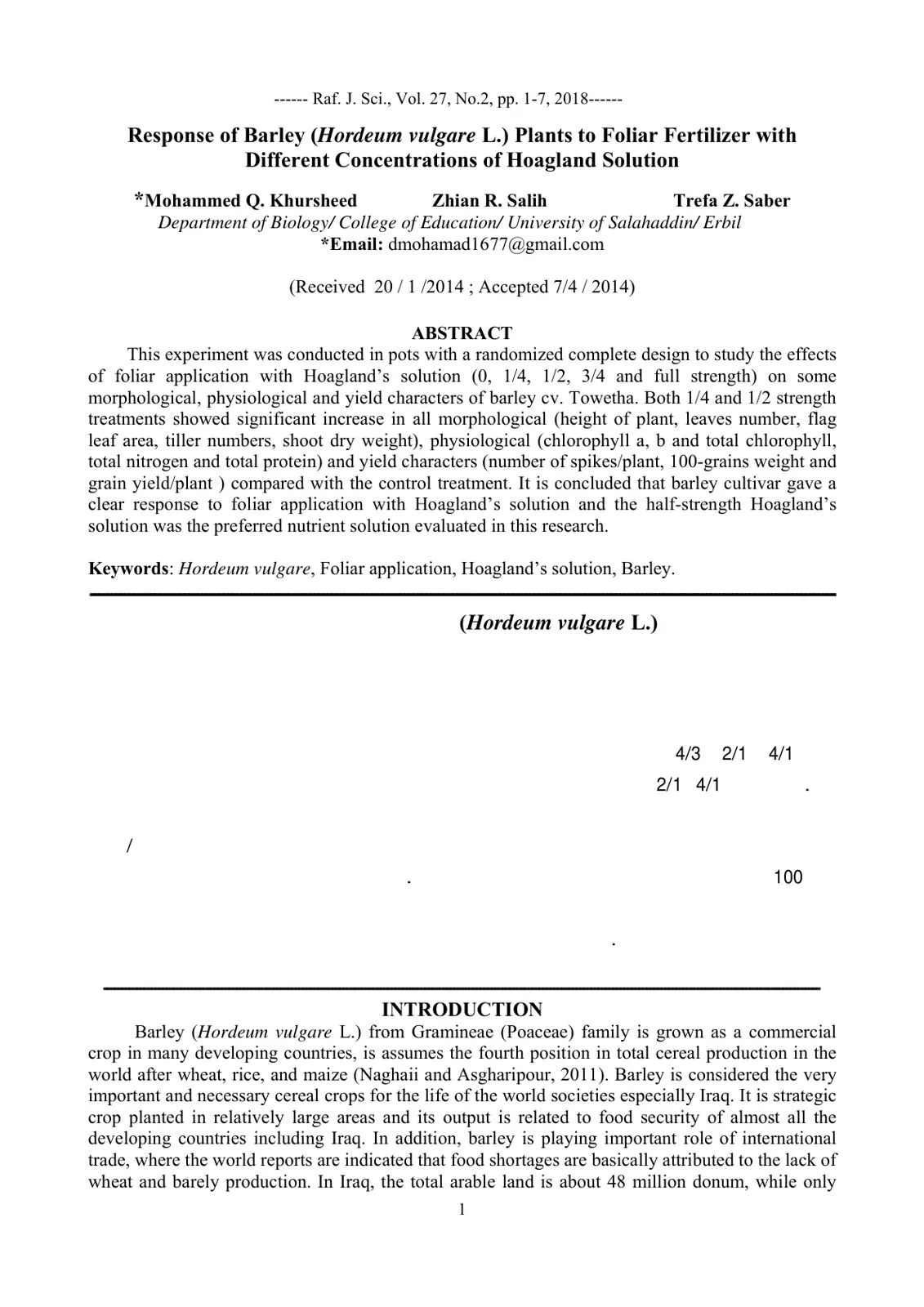 غلاف تقرير Response of Barley (Hordeum vulgare L.) Plants to Foliar Fertilizer with Different Concentrations of Hoagland Solution