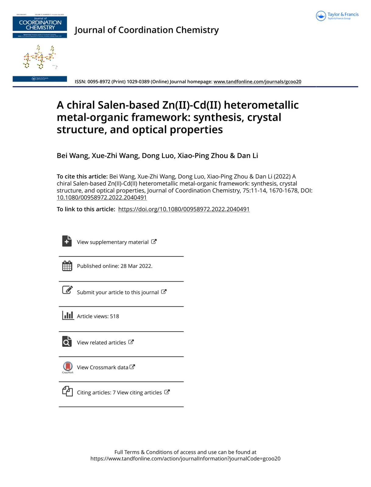 غلاف تقرير A Chiral Salen-based Zn(II)-Cd(II) Heterometallic Metal-Organic Framework: Synthesis, Crystal Structure, and Optical Properties