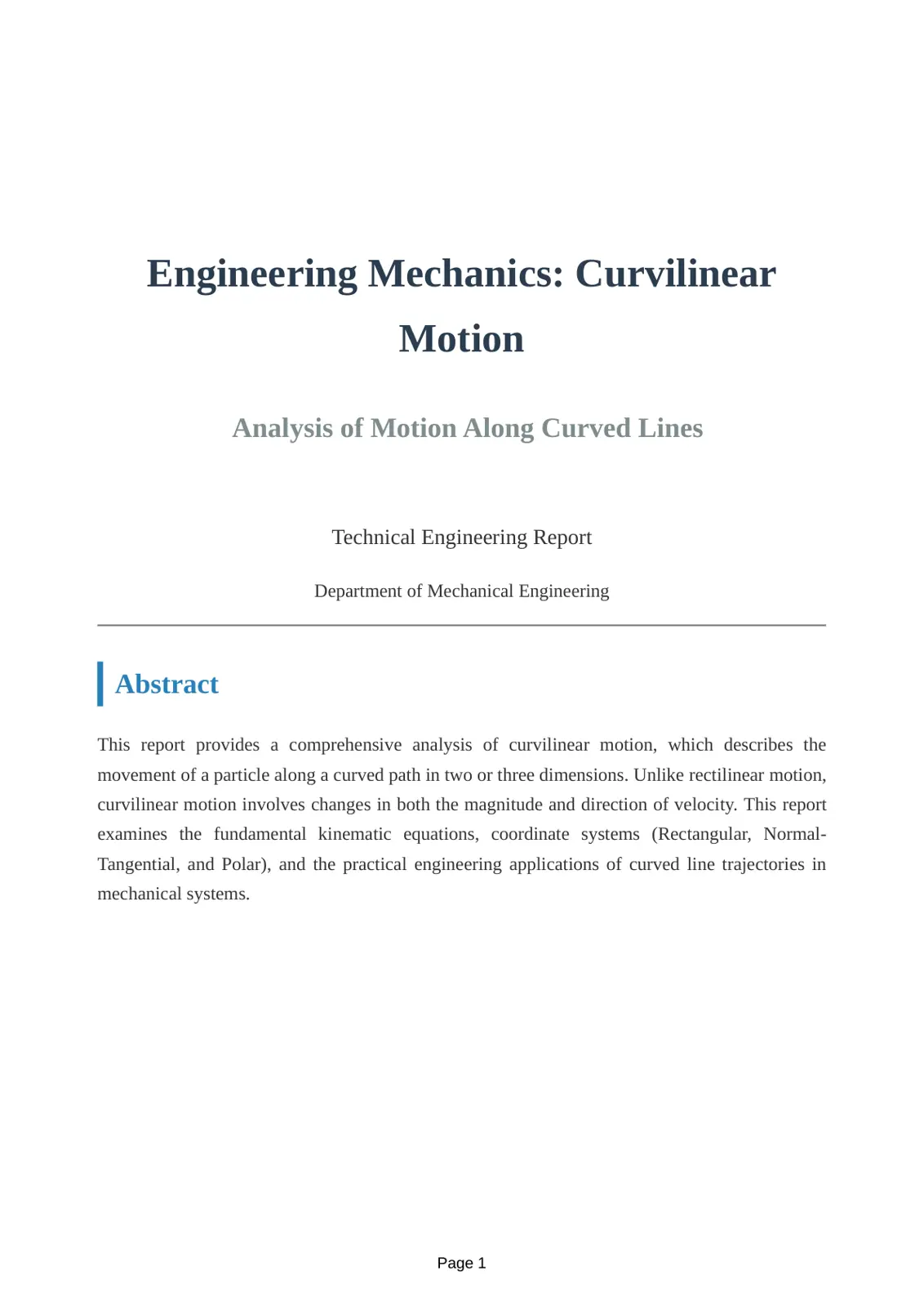 غلاف تقرير Engineering Mechanics: Curvilinear Motion - Analysis of Motion Along Curved Lines