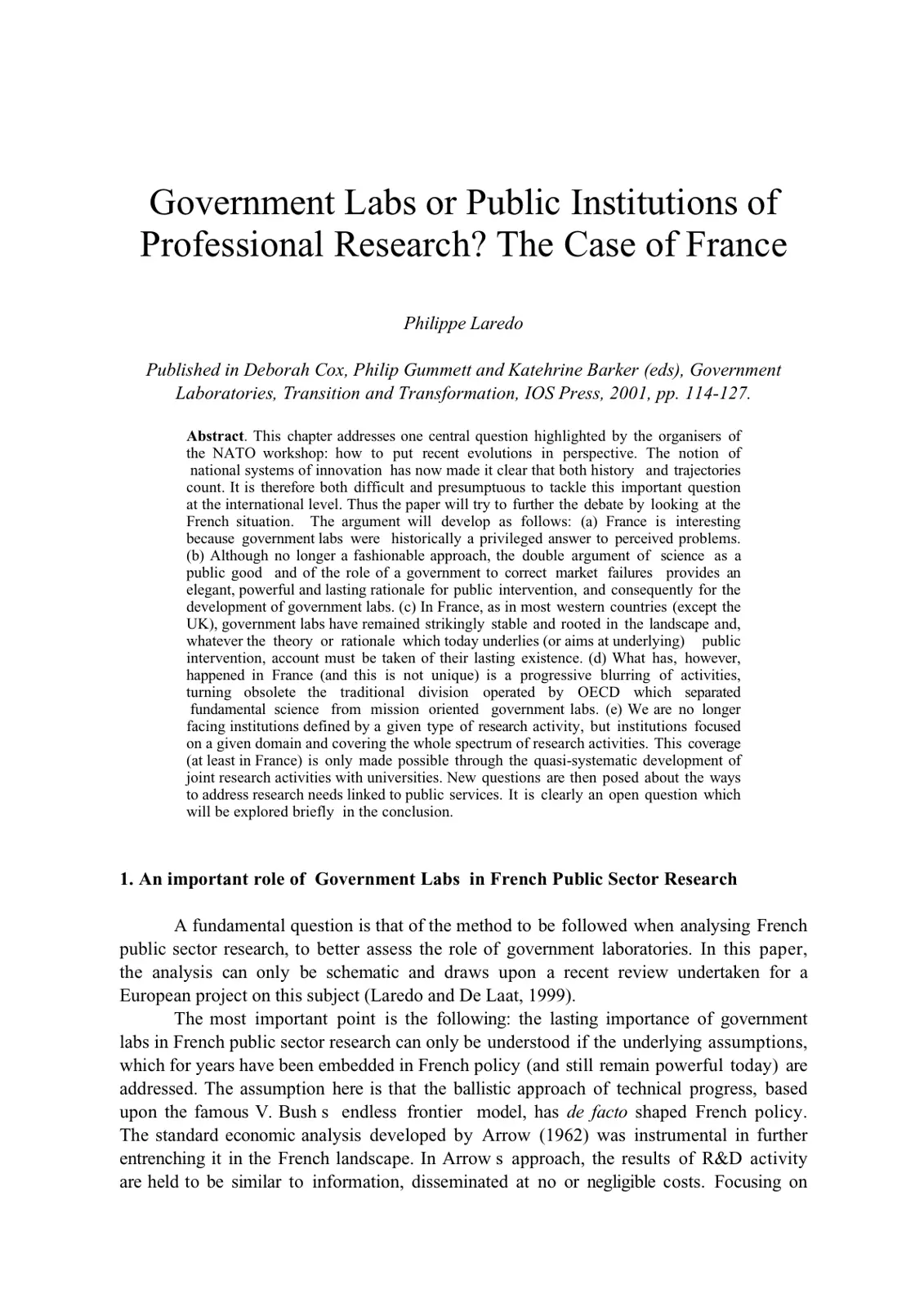 غلاف تقرير Government Labs or Public Institutions of Professional Research? The Case of France