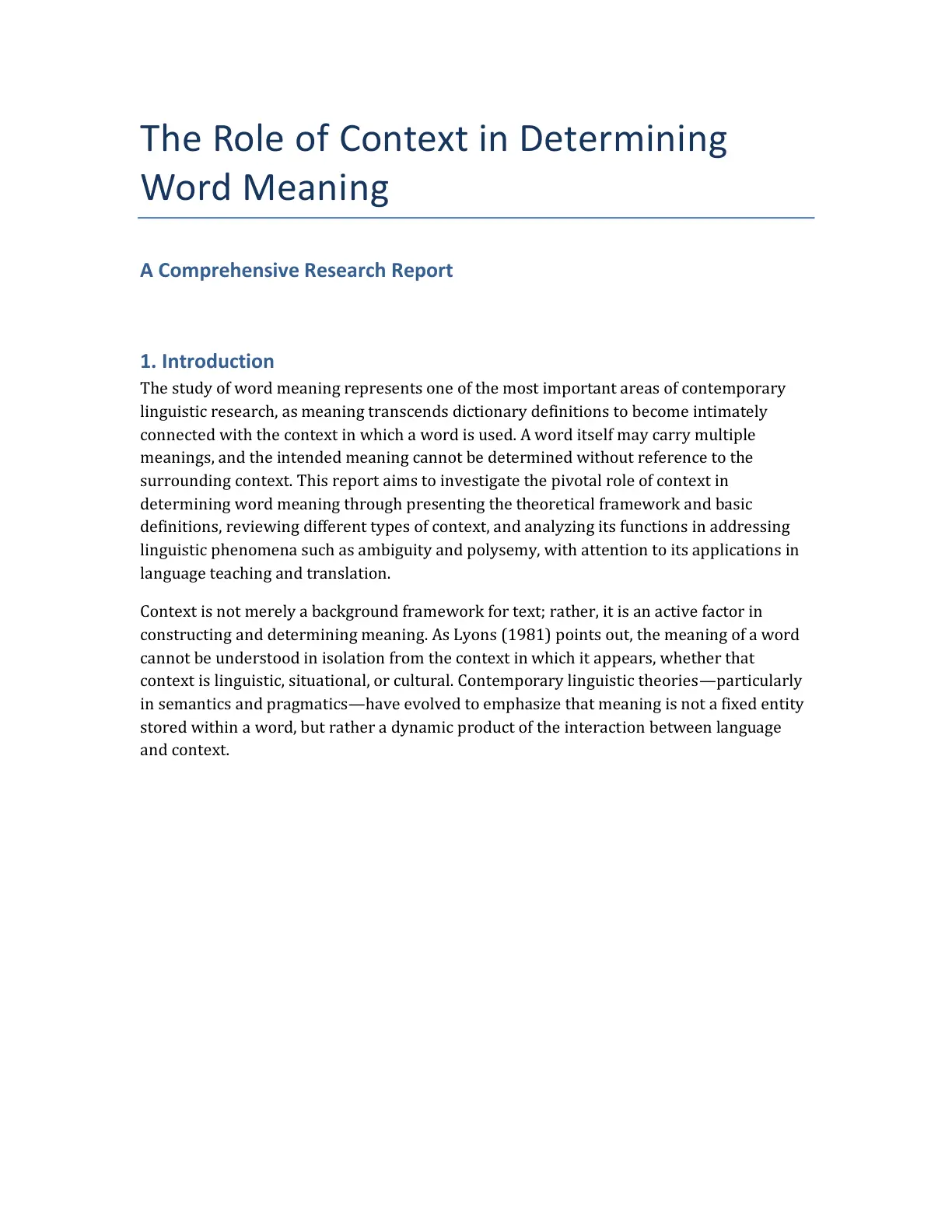 غلاف تقرير The Role of Context in Determining Word Meaning: A Comprehensive Research Report