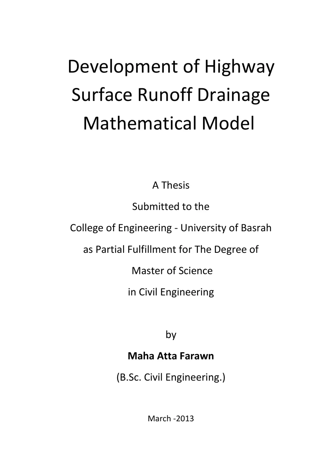 غلاف تقرير Development of Highway Surface Runoff Drainage Mathematical Model
