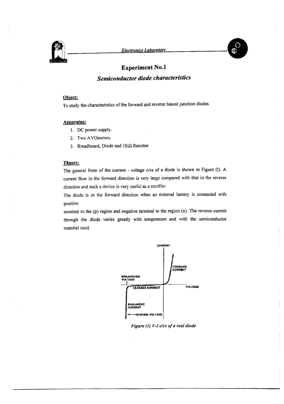 غلاف تقرير Electronics Laboratory - Experiment No.1: Semiconductor Diode Characteristics