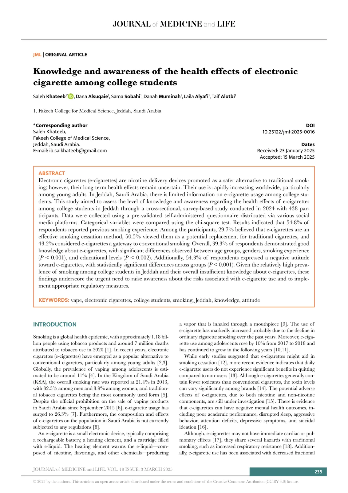 غلاف تقرير Knowledge and awareness of the health effects of electronic cigarette among college students