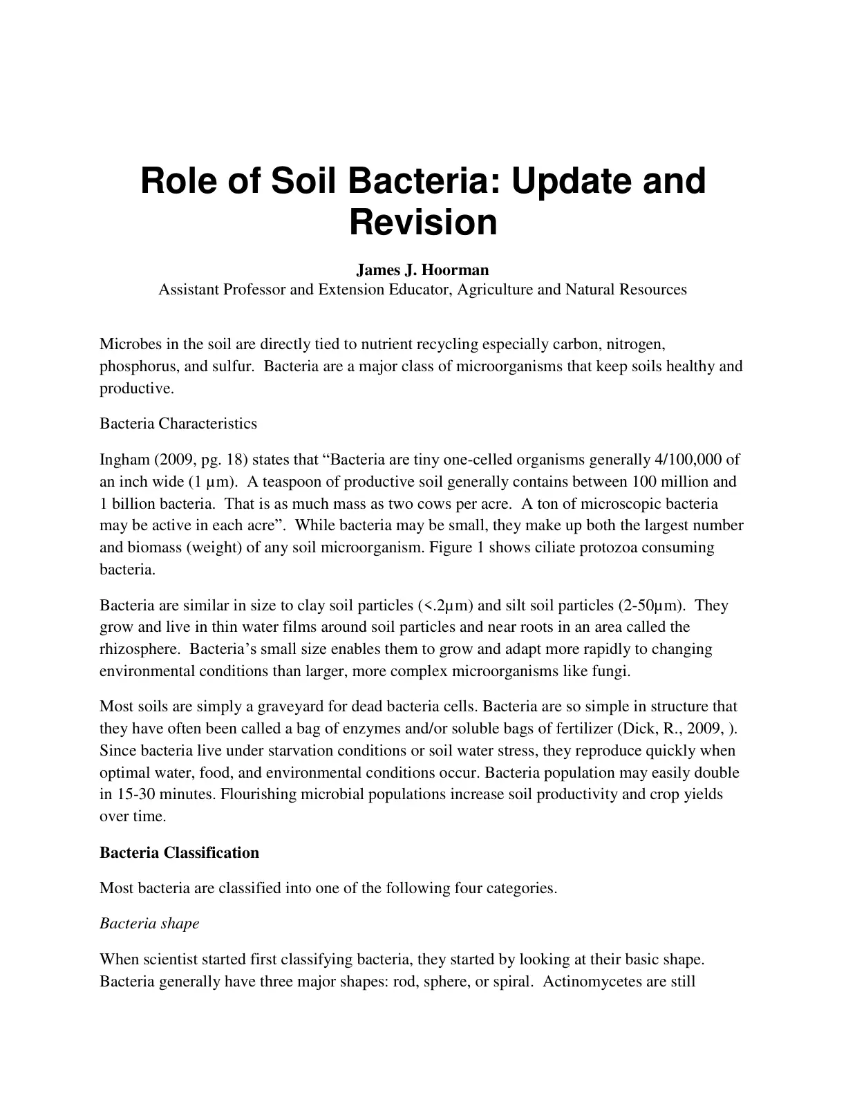 غلاف تقرير Role of Soil Bacteria: Update and Revision