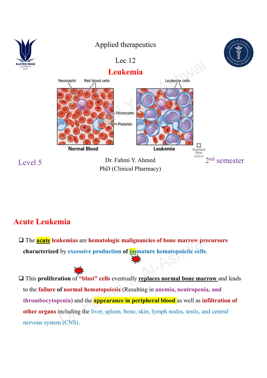 غلاف تقرير Applied Therapeutics – Lec 12: Acute Leukemia