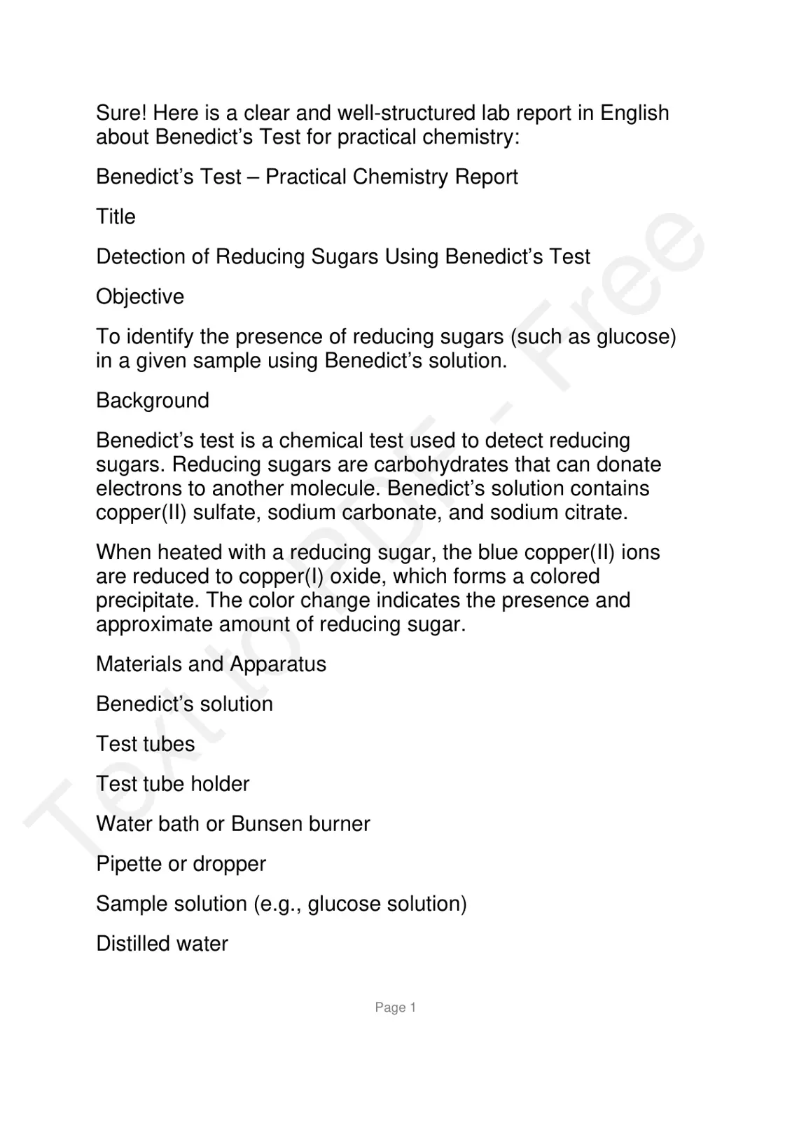 غلاف تقرير Benedict's Test - Practical Chemistry Report
