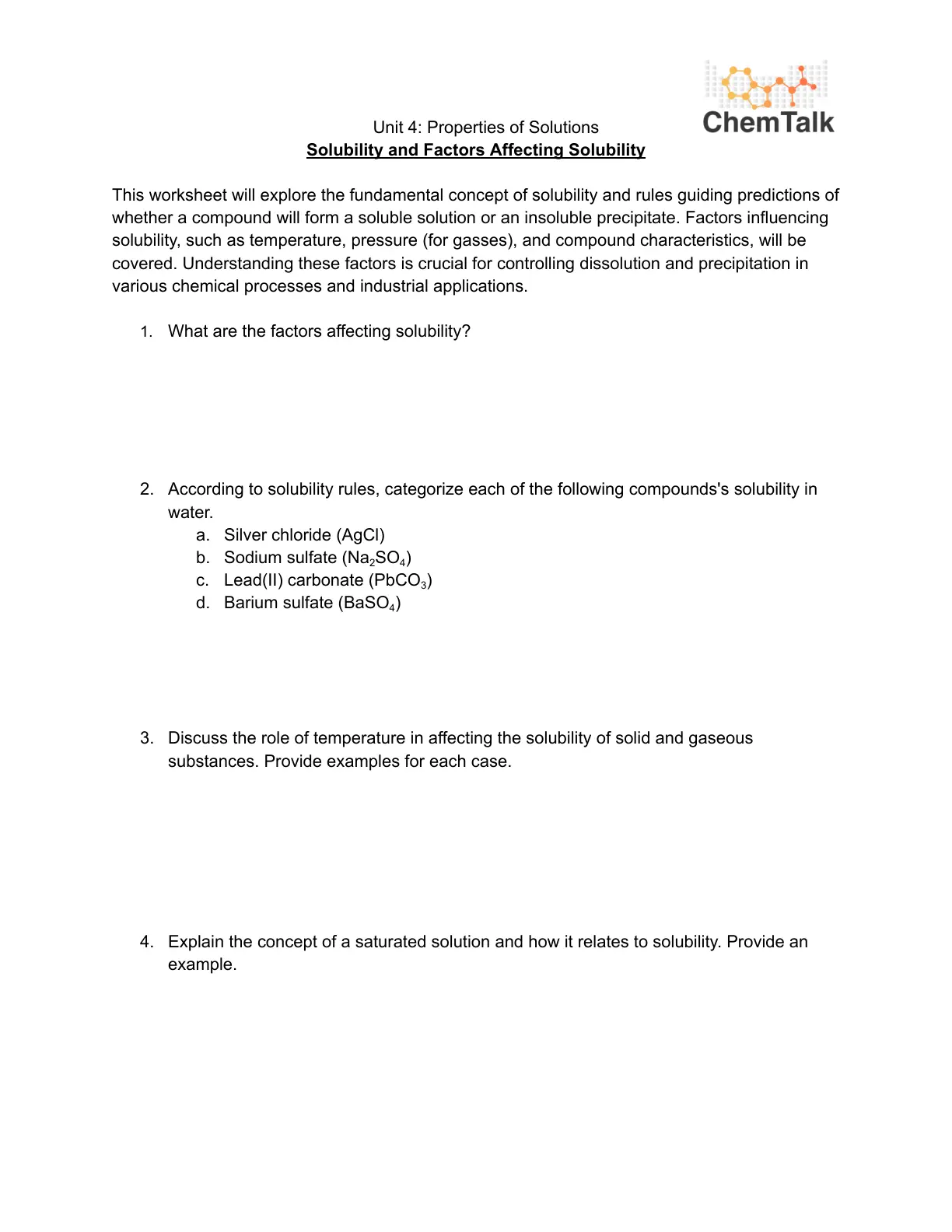 غلاف تقرير Unit 4: Properties of Solutions Solubility and Factors Affecting Solubility
