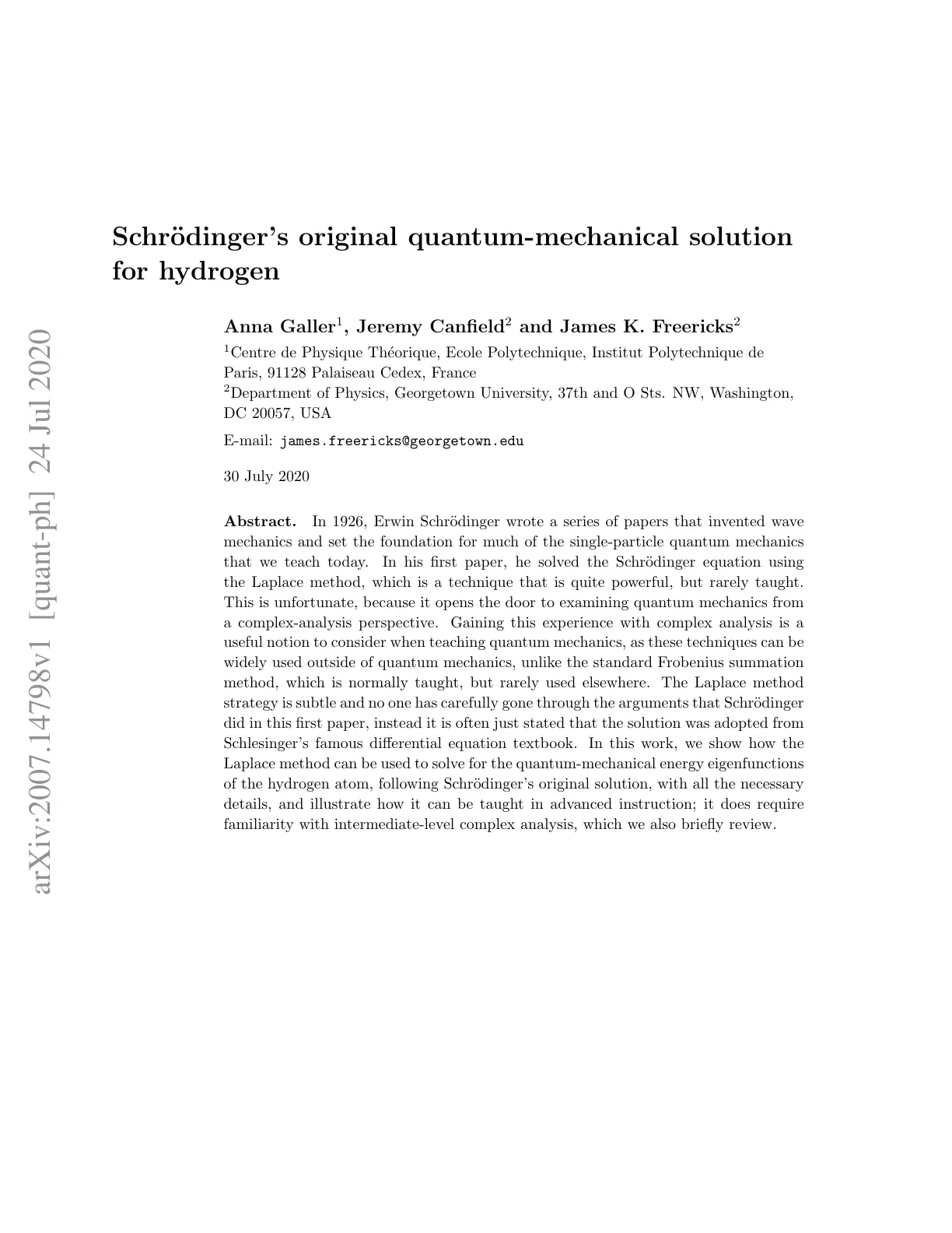 غلاف تقرير Schrödinger's original quantum-mechanical solution for hydrogen