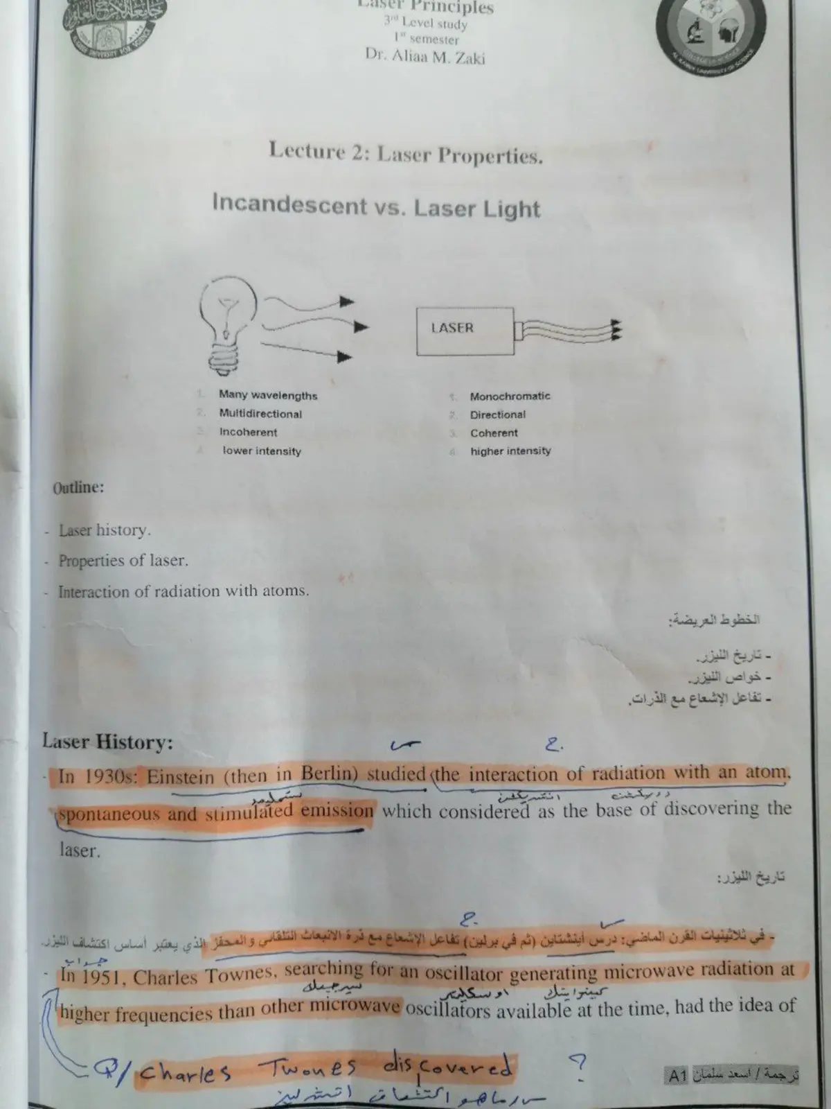 غلاف تقرير Laser Principles - Lecture 2: Laser Properties.