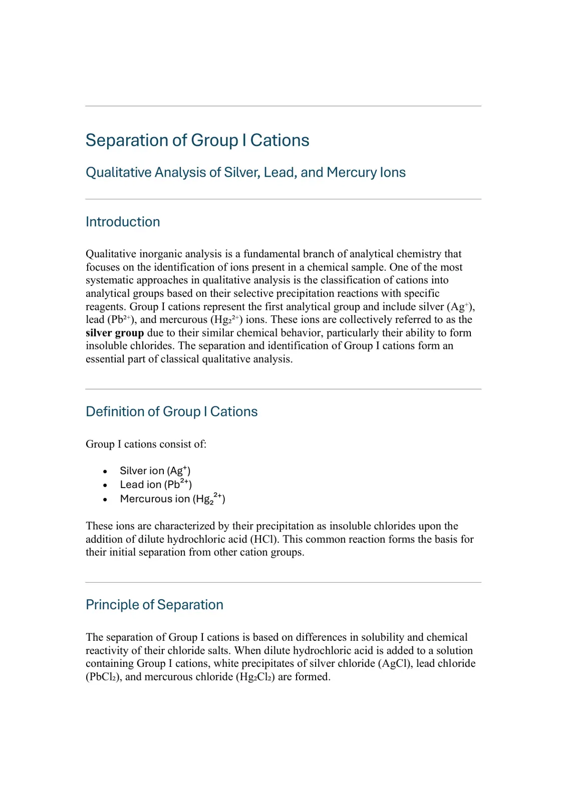 غلاف تقرير Separation of Group I Cations: Qualitative Analysis of Silver, Lead, and Mercury Ions