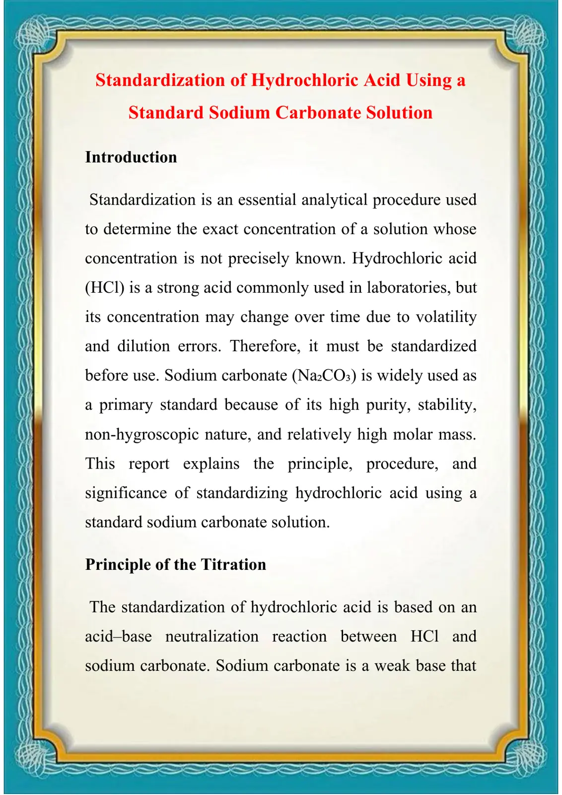 غلاف تقرير Standardization of Hydrochloric Acid Using a Standard Sodium Carbonate Solution