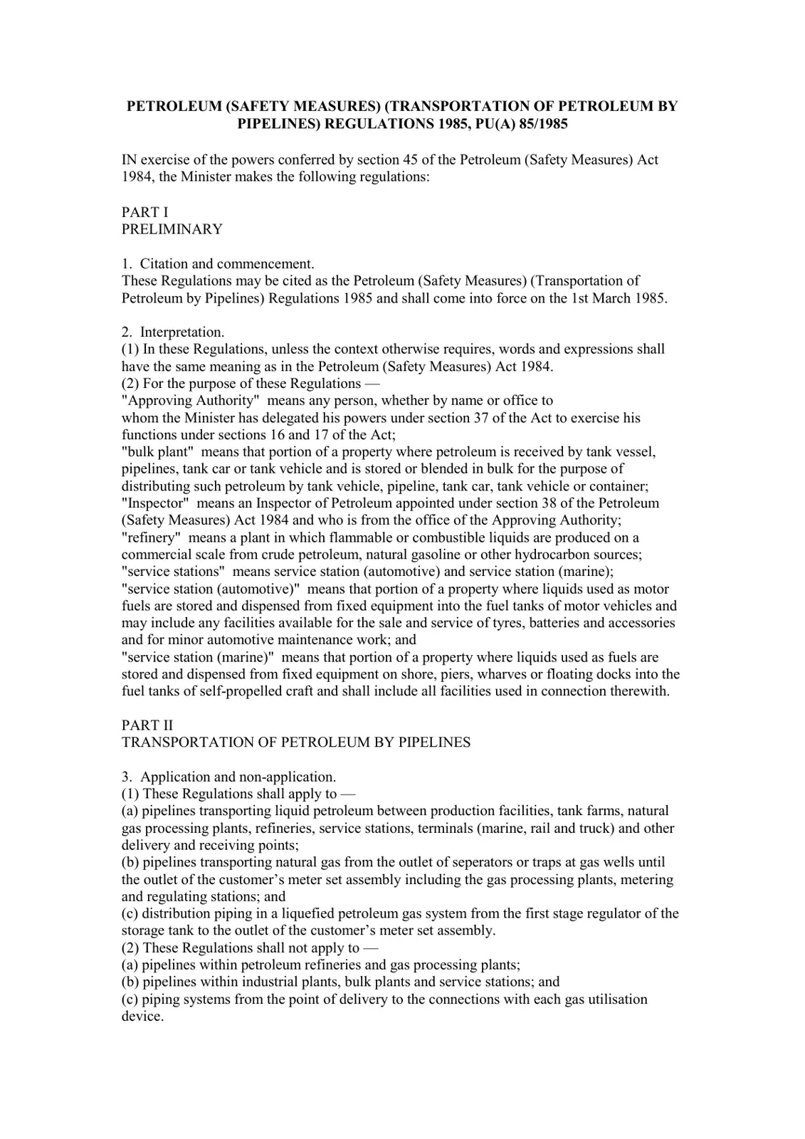 غلاف تقرير PETROLEUM (SAFETY MEASURES) (TRANSPORTATION OF PETROLEUM BY PIPELINES) REGULATIONS 1985, PU(A) 85/1985