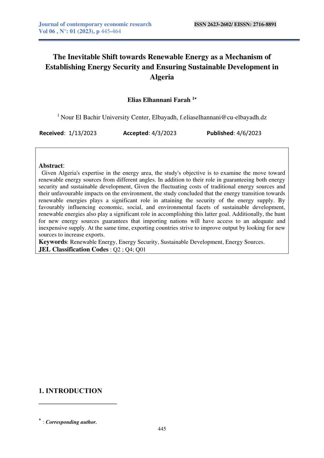 غلاف تقرير The Inevitable Shift towards Renewable Energy as a Mechanism of Establishing Energy Security and Ensuring Sustainable Development in Algeria
