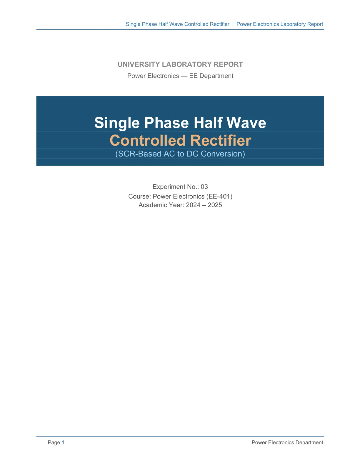 غلاف تقرير Single Phase Half Wave Controlled Rectifier