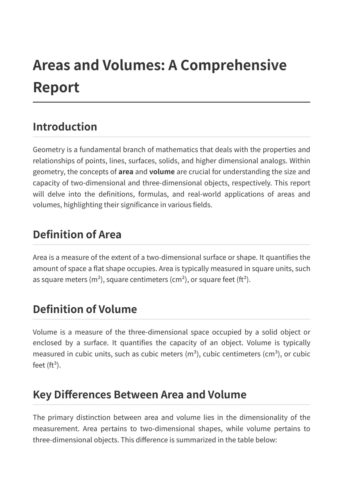 غلاف تقرير Areas and Volumes: A Comprehensive Report