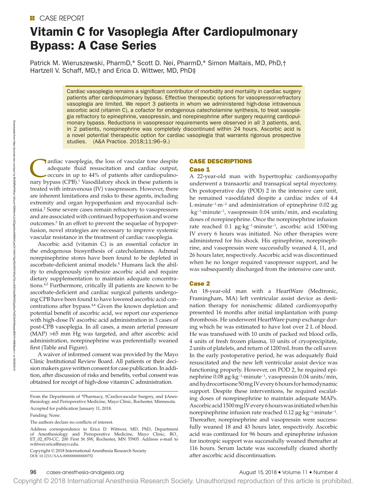 غلاف تقرير Vitamin C for Vasoplegia After Cardiopulmonary Bypass: A Case Series
